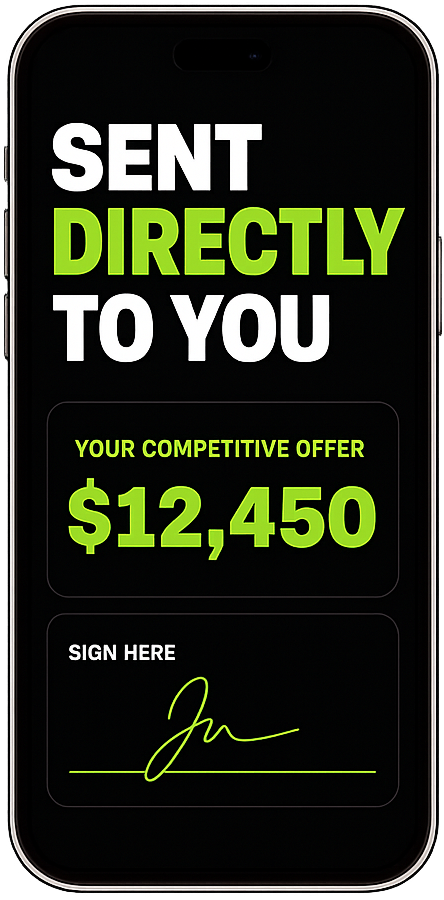 A VIN On Spot offer sent directly to a seller's phone, signed